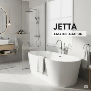 Contemporary freestanding Jetta bathtub, perfect for a modern bathroom aesthetic and easy installation.