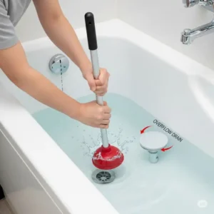 An image showing the correct technique for using a plunger on a bathtub that's not draining.