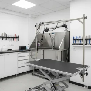 A professional dog grooming station featuring a large stainless steel dog grooming bathtub with a grooming arm.