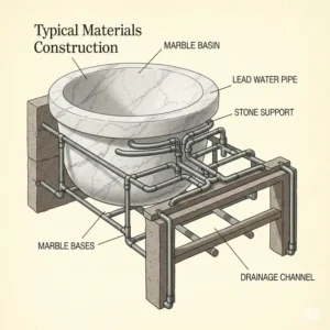 Diagram illustrating the typical materials used to construct Roman bathtubs, such as marble, stone, and lead pipes.