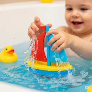 A toddler's hands reaching for a colorful boat bathtub toy, splashing happily in the water.
