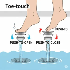 Simple graphic showcasing a toe-touch bathtub drain stopper, emphasizing its push-to-open and push-to-close functionality.