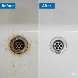 "Before and after comparison of a dirty versus a clean watco bathtub drain, emphasizing the importance of regular maintenance for optimal performance."