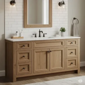 Warm, natural wood 60 inch bathroom vanity with a rustic finish, perfect for traditional or farmhouse-style bathrooms.