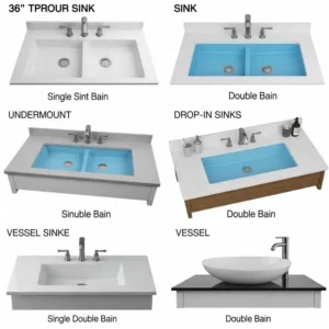 "Visual guide depicting common sink types for a 36 inch bathroom vanity, including undermount, drop-in, and vessel sinks, along with single or double basin configurations."