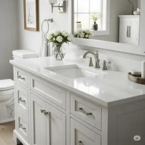 Elegant 42 inch bathroom vanity with a pristine white quartz countertop, complementing a variety of bathroom decor styles.
