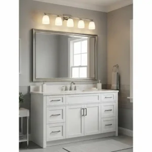A complete bathroom setup featuring a 48-inch bathroom vanity paired with a complementary mirror and stylish overhead lighting.