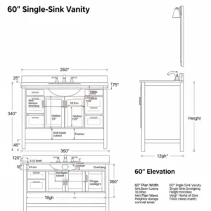 A detailed diagram illustrating the precise dimensions of a 60 inch bathroom vanity single sink, including height, width, and depth.