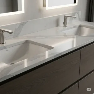 Close-up of a 60 inch bathroom vanity featuring a durable and stylish quartz countertop with integrated sinks.