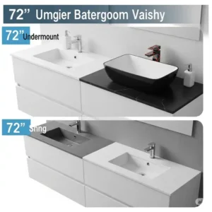 Different sink styles, including undermount and vessel sinks, integrated with a modern 72-inch bathroom cabinet.