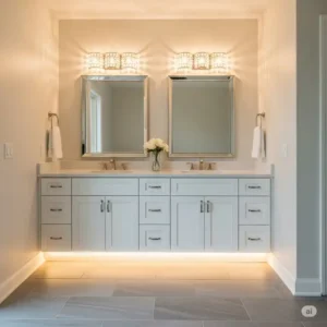 "Complete bathroom setup with a 72 inch bathroom vanity double sink, illuminated by elegant vanity lighting and complemented by matching mirrors."