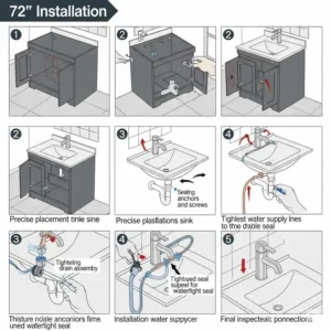 Step-by-step graphic illustrating key aspects of installing a 72 inch bathroom vanity single sink, highlighting plumbing connections and mounting.