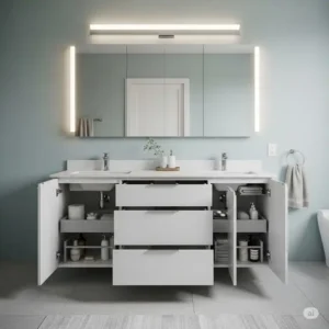 72-inch bathroom vanity showcasing generous drawer and cabinet storage for organizing bathroom essentials.