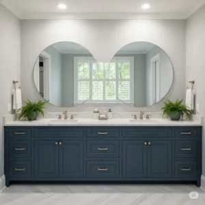 Stylish 84-inch bathroom vanity in a deep navy blue finish, providing a striking focal point for a large bathroom design.