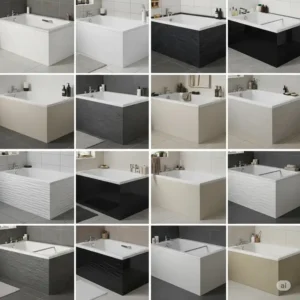 Examples of various styles and colors available for acrylic bathtub surrounds, including smooth and textured options.