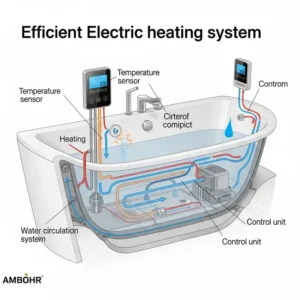 Diagram illustrating the efficient electric heating system within an Ambohr electric bathtub for consistent water temperature.