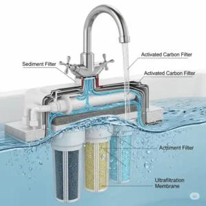 Cross-section illustration detailing the multi-stage filtration layers within a water filter for bathtub faucet.