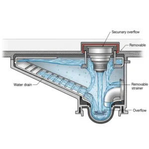Detailed illustration of an efficient bathtub floor drain design, ensuring quick water removal and preventing pooling.
