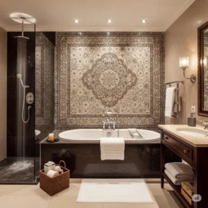 Stunning tiled mosaic as bathtub wall pictures, adding texture and visual interest to a luxurious bath area.