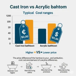 A visual representation of a price tag or graph comparing the typical cost ranges of cast iron bathtubs (higher) and acrylic bathtubs (lower, aiding in understanding the financial aspect of cast iron vs acrylic bathtub.