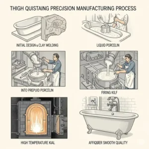 Illustration depicting the precision manufacturing process of a high-quality china bathtub, showcasing craftsmanship.