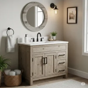 A rustic farmhouse-style 32-inch vanity with a distressed wood finish and black hardware, adding charm to a traditional bathroom.