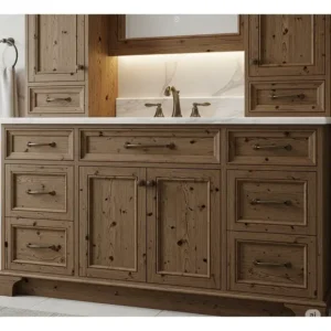 Charming farmhouse style 55 inch bathroom vanity with rustic wood finish and antique hardware.