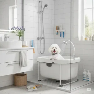 A practical and easy-to-use dog grooming bathtub set up in a home bathroom, perfect for at-home pet care.
