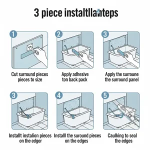 "Graphic depicting simplified steps for DIY installation of a 3 piece bathtub surround, perfect for home renovation projects."