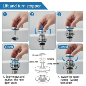 Visual representation of a lift-and-turn bathtub drain stopper, demonstrating how it's manually lifted and rotated to seal or open the drain.