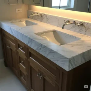 A stunning 48-inch double sink bathroom vanity with a luxurious Carrara marble countertop and integrated sinks, featuring elegant veining.
