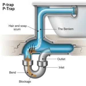 A cutaway diagram highlighting a blockage often found in a bathtub's P-trap.