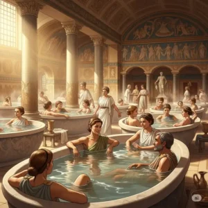Illustration showing people relaxing and socializing in large Roman bathtubs within an ancient Roman spa.