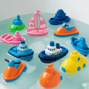 A collection of various boat bathtub toys in different shapes and colors, suitable for diverse bath play scenarios.