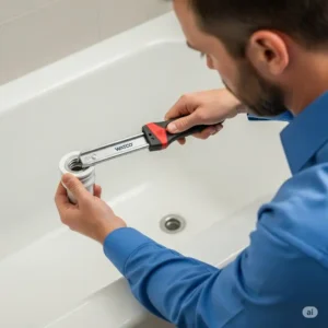 "A person demonstrating the use of a specialized tool for easily removing a watco bathtub drain, making repairs or replacements simpler."