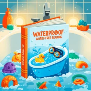 A stylized illustration of a waterproof book, designed for worry-free reading, perfect for "bathtub books" enthusiasts.