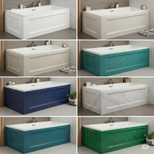 "Selection of 3 piece bathtub surround options in various colors and patterns, from classic white to marble-look finishes."