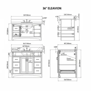  "Technical drawing detailing the precise dimensions and measurements of a standard 36 inch bathroom vanity, including height, depth, and width for easy planning."
