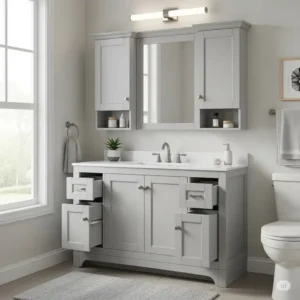 A 42 inch bathroom vanity smartly integrated into a compact bathroom space, demonstrating its versatility for different layouts.