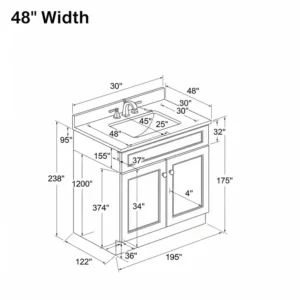 Technical diagram illustrating the precise 48-inch width and other key dimensions of a standard bathroom vanity.