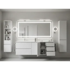 A 60 inch bathroom vanity setup complete with an illuminated mirror and modern light fixtures, enhancing the vanity area.