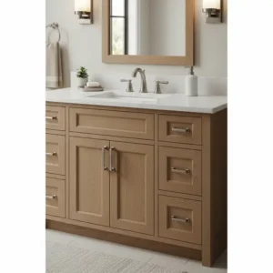 A transitional-style 60 inch bathroom vanity single sink, combining classic and contemporary elements, featuring shaker-style doors and a quartz countertop.