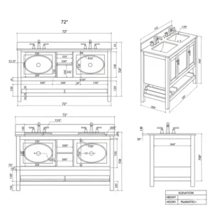 "Detailed diagram illustrating the precise dimensions and layout of a 72 inch bathroom vanity double sink, ideal for planning."
