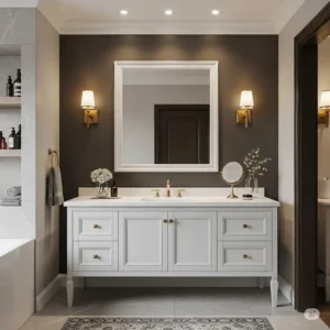 Inspiration image showing a 72 inch bathroom vanity single sink complemented by different lighting fixtures, including sconces and overhead vanity lights.