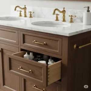 Close-up detail of an 84-inch bathroom vanity featuring elegant brass hardware, complementing various design styles.