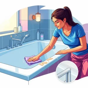 Illustration demonstrating the ease of cleaning and low maintenance required for an acrylic bathtub surround, with a person wiping it down.