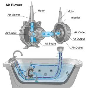 Diagram showing an air blower, a key jetted bathtub part that creates effervescent bubbles for a spa-like experience.
