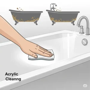 An illustration depicting a hand easily wiping down a smooth acrylic bathtub surface, highlighting its simpler maintenance and cleaning requirements compared to potentially more robust cleaning needed for cast iron, a factor in cast iron vs acrylic bathtub.
