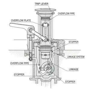 "Cross-section illustration of a trip lever bathtub drain parts mechanism, showing the linkage connecting the overflow plate to the stopper inside the drain."