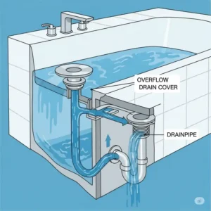  An illustrative image showing how a bathtub overflow drain cover prevents bathroom flooding by safely draining excess water.